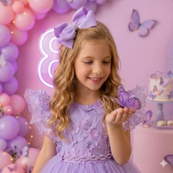 Vestido Luxo Bordado com Borboletas - Lavanda
