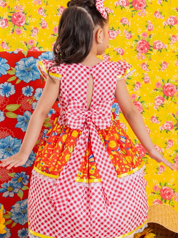 Vestido Junino - Xadrez Estampado Fogueirinha Violão 