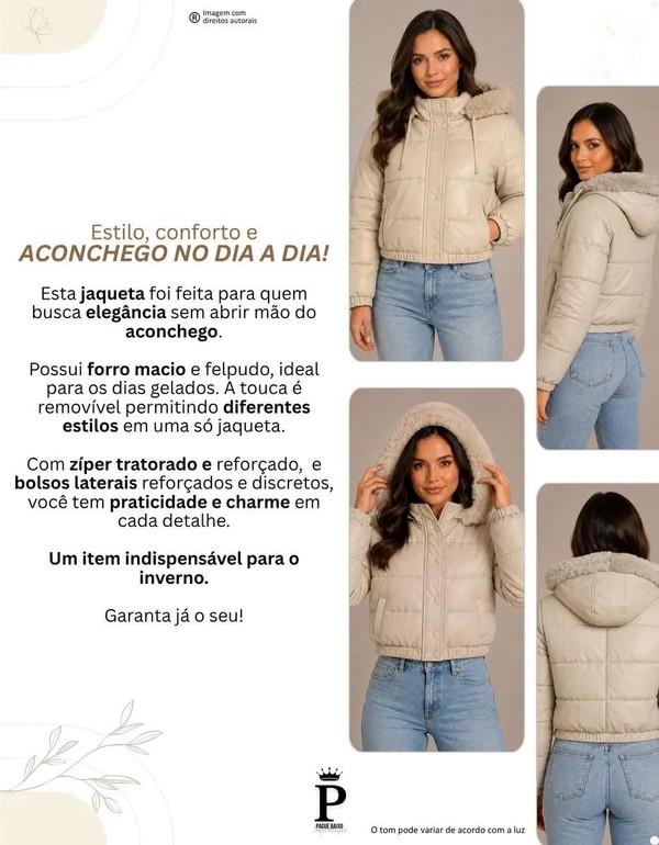 Jaqueta Puffer Feminina De Couro Forrada com Pelinho