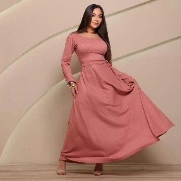 Vestido Longo Godê Canelado Manga Longa Feminino Elegante Inverno