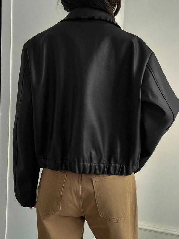 Velour Jaqueta Casual Solta de Couro Sintético Feminina, Ajuste Regular, Outono/Inverno