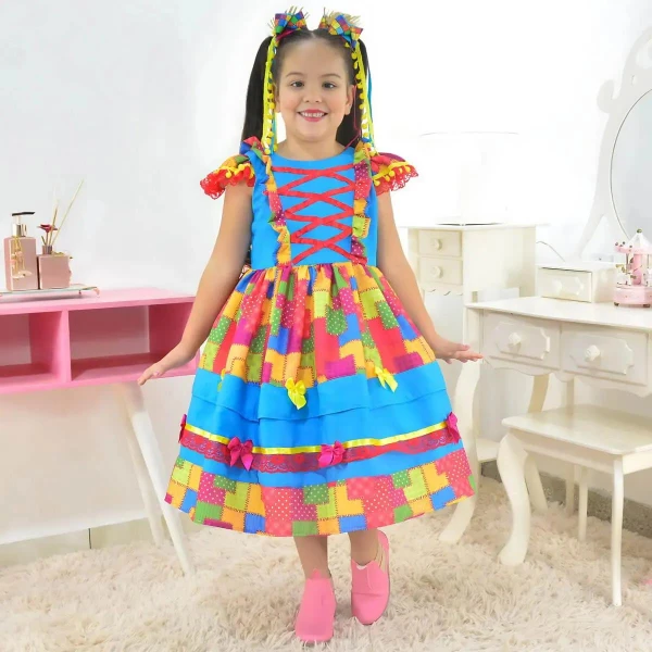 Vestido Junino Azul E Estampa Com Efeito Retalho Luxuoso