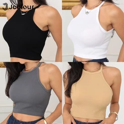 3 Peças Cropped Regata de gola alta sexy，Top curto justo sem mangas，Regata de tricô casual 