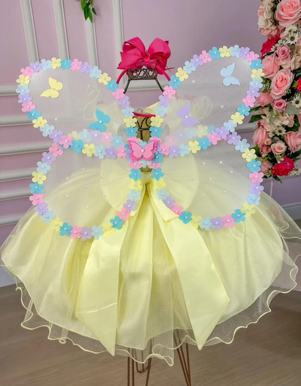 Vestido Fantasia Luxo - Jardim Encantado Amarelo - Acompanha Asa