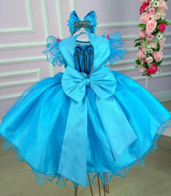 Vestido Fantasia Luxo - Jardim Encantado Azul Tiffany - Acompanha Asa