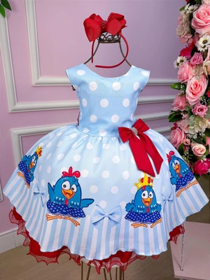 Vestido Temático - Galinha Pintadinha - Azul C/Vermelho 