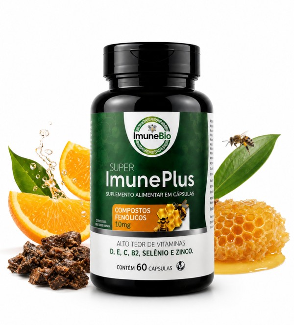 Suplemento Super Imune Plus 490 mg - 10 mg de Própolis + Vitaminas e Minerais Essenciais Premium - 60 Cáps.