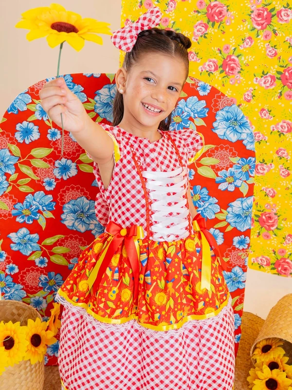 Vestido Junino - Xadrez Estampado Fogueirinha Violão 