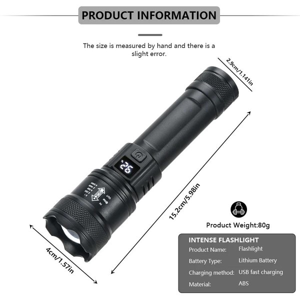 Forte Poder Lanternas LED, Tocha Tática, Display Luz, Carregamento USB, Camping, Pesca, Lanterna Zoom de Emergência, 2000LM, Alta