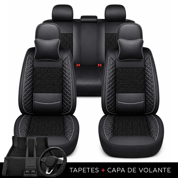 Kit Completo de Capas para Banco de Carro Nureon em Couro Legítimo Universal 5 Lugares Com Airbag + Tapetes e Capa de Volante