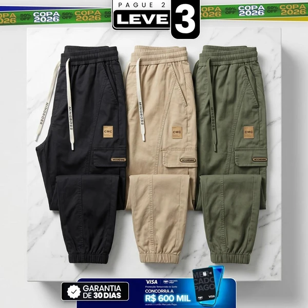 [Pague 2, Leve 3] Calça Cargo Orion Masculina em Algodão, Poliéster e Fibras Elásticas de Corte Jogger com Bolsos Utilitários