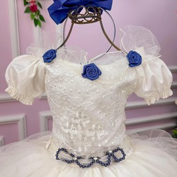 Vestido Glamour Branco - Bordado com Rosas em Azul Marinho
