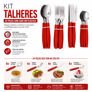 Kit Talheres 24 Peças Cabo Plástico Inox Preto