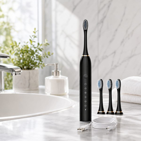 Escova de Dente Elétrica Sônica Ultrassônica Recarregável Bivolt 6 Modos com 4 Cabeças e Temporizador
