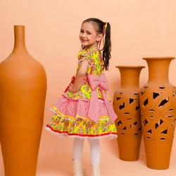 Vestido Junino - Xadrez Florido - Amarelo C/Vermelho