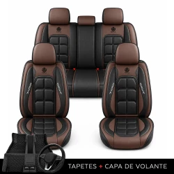 Kit Completo de Capas para Banco de Carro Velox em Couro Legítimo Universal 5 Lugares Com Airbag + Tapetes e Capa de Volante