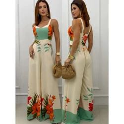 MACACÃO FEMININO PANTALONA ESTAMPADO COM BOLSO ALÇAS LARGAS