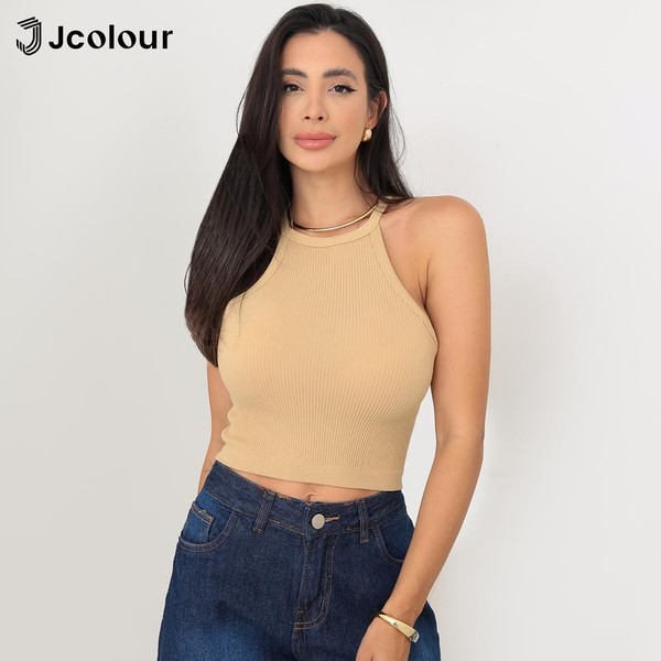 Cropped Feminino Canelado Gola Alta Sem Mangas