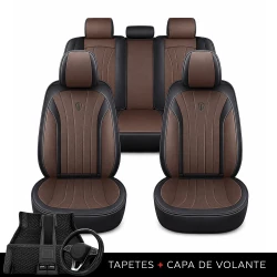Kit Completo de Capas para Banco de Carro Protecar em Couro Legítimo Universal 5 Lugares Com Airbag + Tapetes e Capa de Volante