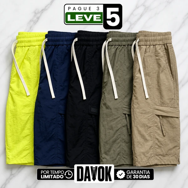 [Pague 3, Leve 5!] Bermuda Cargo Fornax Masculina em Nylon Técnico Hidrorrepelente com Bolsos Utilitários e Cós Elástico