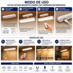 Luminária de Leitura Magnética Barra LED Recarregável