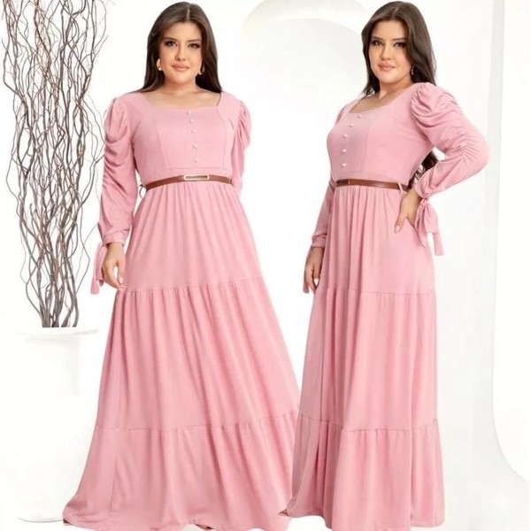Vestido Longo Feminino Manga Longa Com Perolas E Laço Moda Evangelica Plus Size Para Congresso Luxo