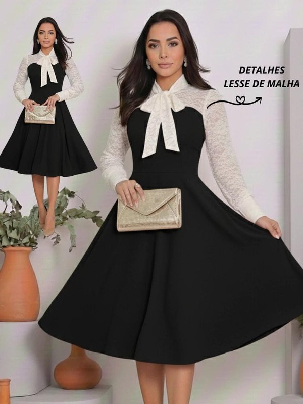 Vestido Feminino Casual Elegante Crepe Malha Detalhe Malha Lesse Moda Evangélica Social Festa 38ao54