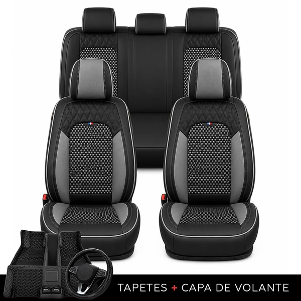 Kit Completo de Capas para Banco de Carro Reverse em Couro Legítimo Universal 5 Lugares Com Airbag + Tapetes e Capa de Volante