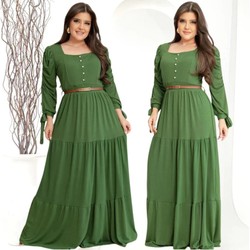 Vestido Longo Feminino Manga Longa Com Perolas E Laço Moda Evangelica Plus Size Para Congresso Luxo