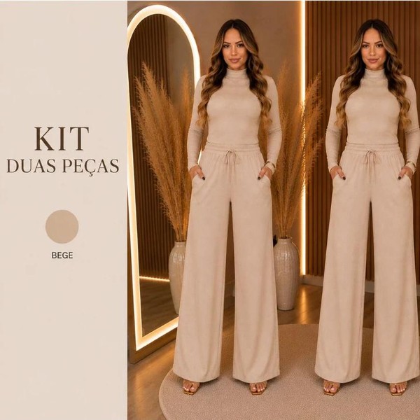 Conjunto Feminino Inverno Calça Pantalona e Blusa Manga Longa Elegante