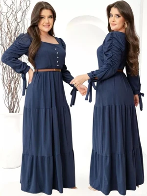 Vestido Longo Feminino Manga Longa Com Perolas E Laço Moda Evangelica Plus Size Para Congresso Luxo