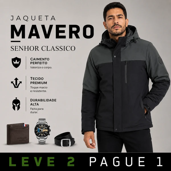 Jaqueta Masculina Mavero em Interior Forrado Térmico a Prova D'Água e Capuz Removível +BRINDES: Relógio, Cinto e Carteira