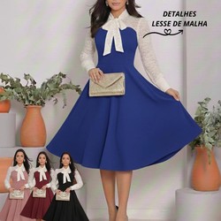 Vestido Feminino Casual Elegante Crepe Malha Detalhe Malha Lesse Moda Evangélica Social Festa 38ao54