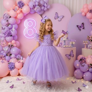 Vestido Luxo Bordado com Borboletas - Lavanda