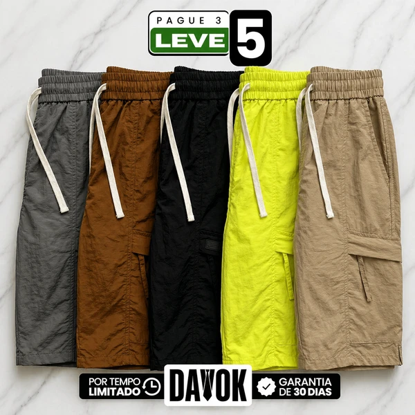 [Pague 3, Leve 5!] Bermuda Cargo Fornax Masculina em Nylon Técnico Hidrorrepelente com Bolsos Utilitários e Cós Elástico