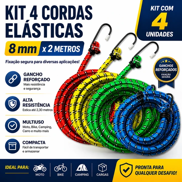 Kit 4 Cordas Elásticas 8mm X 2m Bagageiro Moto Bike Carro Gancho Reforçado