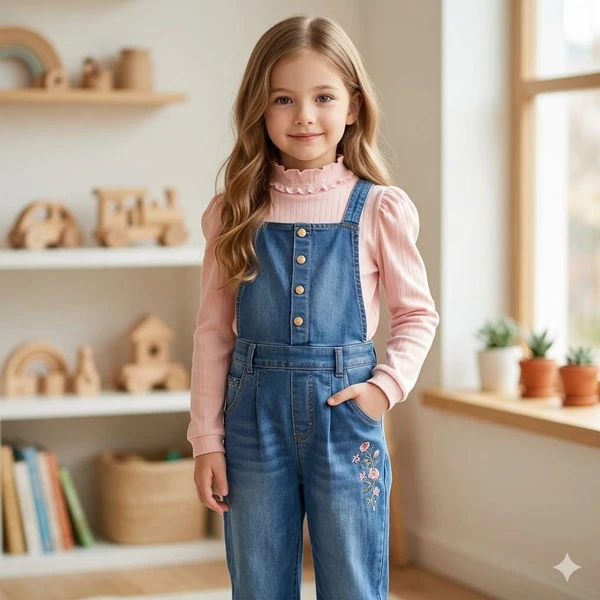 CONJUNTO JARDINEIRA  JEANS LONGA ROSA PESSEGO PARAISO 13182 