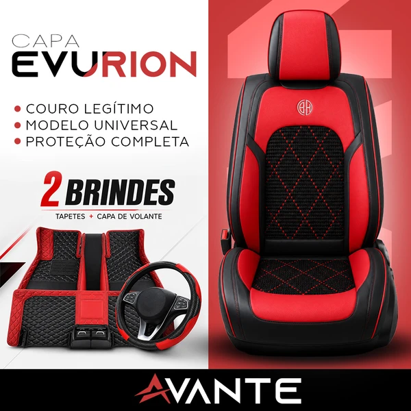 Kit Completo de Capas para Banco de Carro Evurion em Couro Legítimo Universal 5 Lugares Com Airbag + Tapetes e Capa de Volante