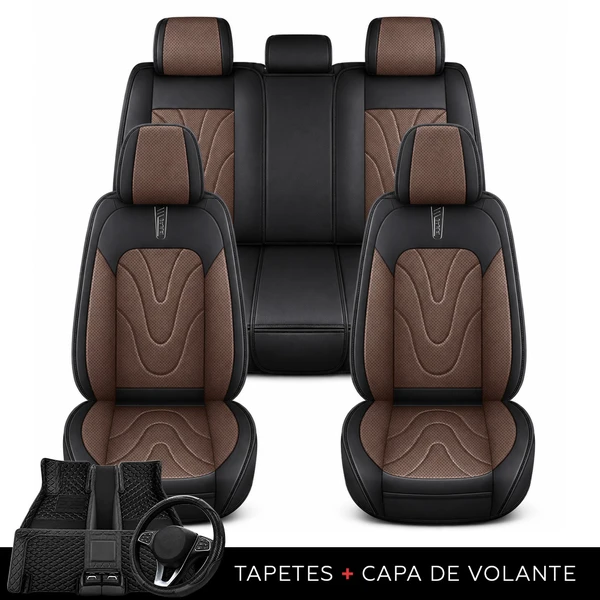 Kit Completo de Capas para Banco de Carro Aureon em Couro Legítimo Universal 5 Lugares Com Airbag + Tapetes e Capa de Volante