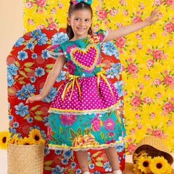 Vestido Junino – Xadrez Com Rosas e Laço - Verde C/Rosa 