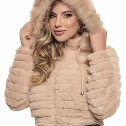 Jaqueta Puffer Teddy Feminina Forrada com Capuz Removível