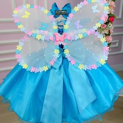 Vestido Fantasia Luxo - Jardim Encantado Azul Tiffany - Acompanha Asa