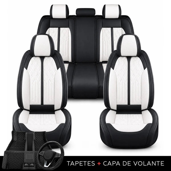 Kit Completo de Capas para Banco de Carro Avalon em Couro Legítimo Universal 5 Lugares Com Airbag + Tapetes e Capa de Volante