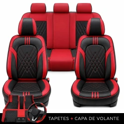 Kit Completo de Capas para Banco de Carro Averon em Couro Legítimo Universal 5 Lugares Com Airbag + Tapetes e Capa de Volante