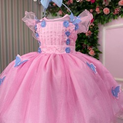 Vestido Fantasia Luxo – Jardim Encantado - Rosa C/Borboletas Azuis 