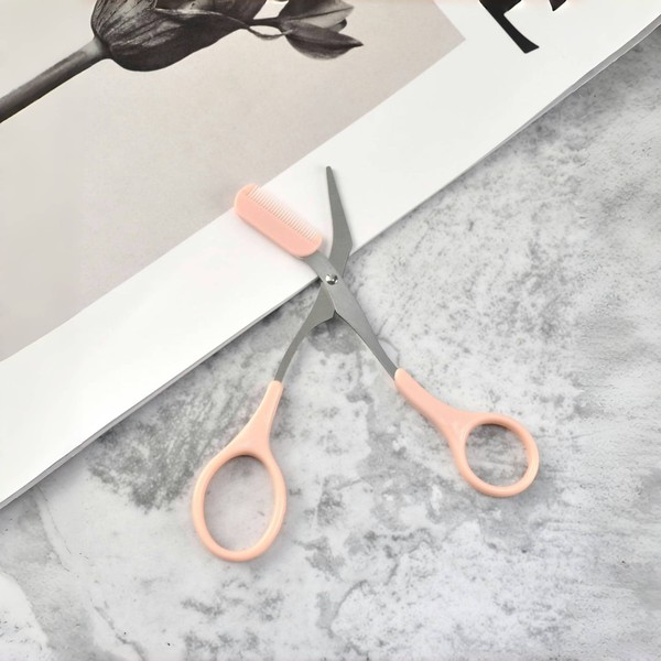 Tesoura rosa para aparar sobrancelhas com pente embutido - aço inoxidável, ferramenta de aliciamento precisa, criando sobrancelhas perfeitas