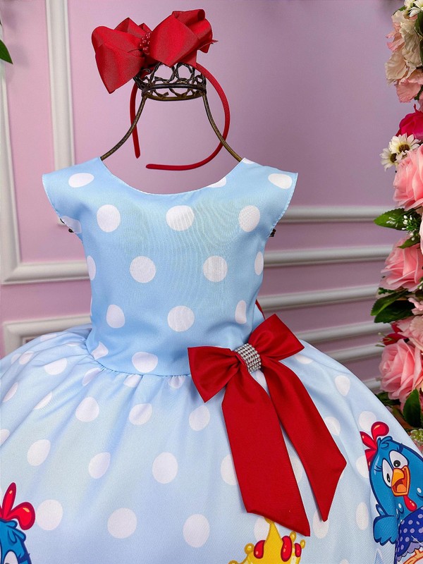 Vestido Temático - Galinha Pintadinha - Azul C/Vermelho 