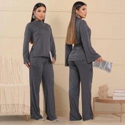 Conjunto Feminino Blusa Gola Alta Manga Longa Flare Mais Calça Pantalona Elegante Inverno Frio