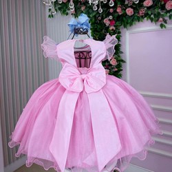 Vestido Fantasia Luxo – Jardim Encantado - Rosa C/Borboletas Azuis 