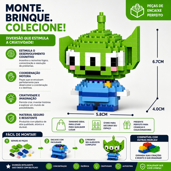 Mini Blocos de Montar Alienígena Espacial Pixelado Colecioná